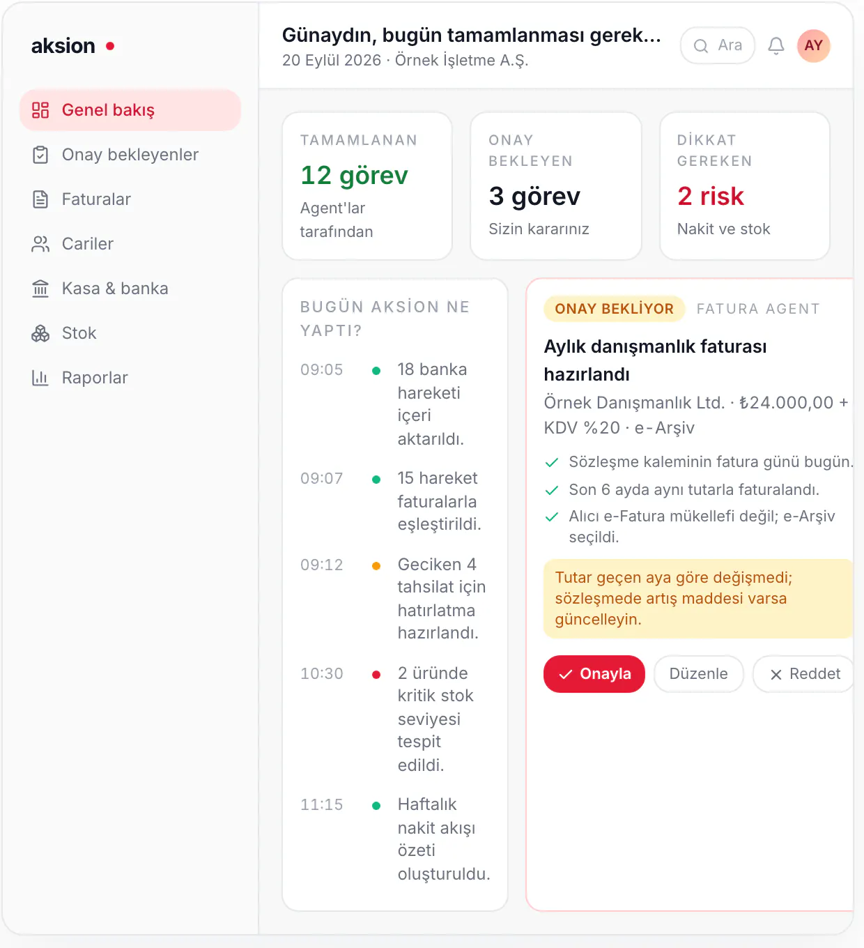 Aksion panelinde onay bekleyen fatura agent'ı kartı