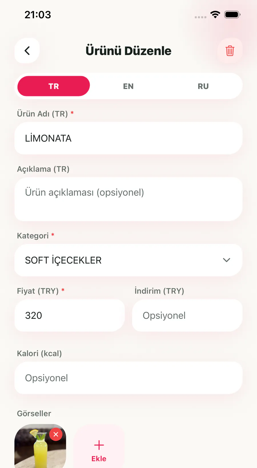 Menu1 uygulamasında ürün düzenleme ekranı; Türkçe, İngilizce ve Rusça sekmeleri